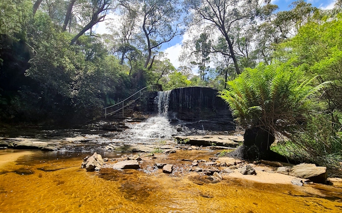Wentworth Falls cascading over rocks surrounded by lush greenery in Blue Mountains.