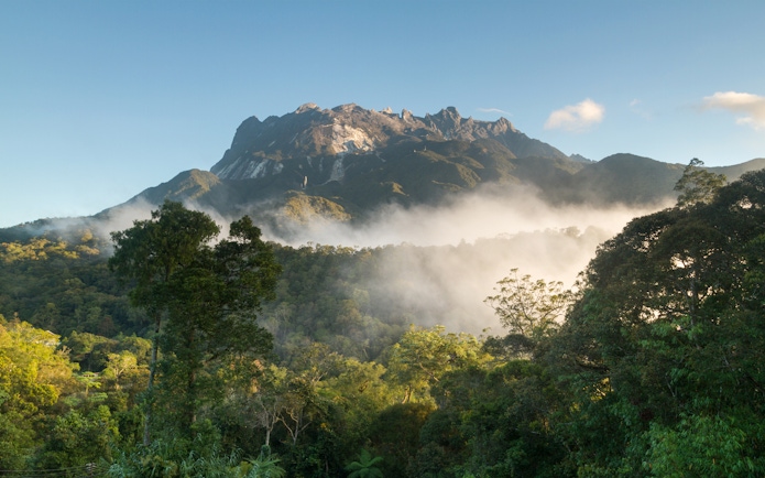 Mount Kinabalu with misty forest view, part of a multi-day tour in Kundasang.