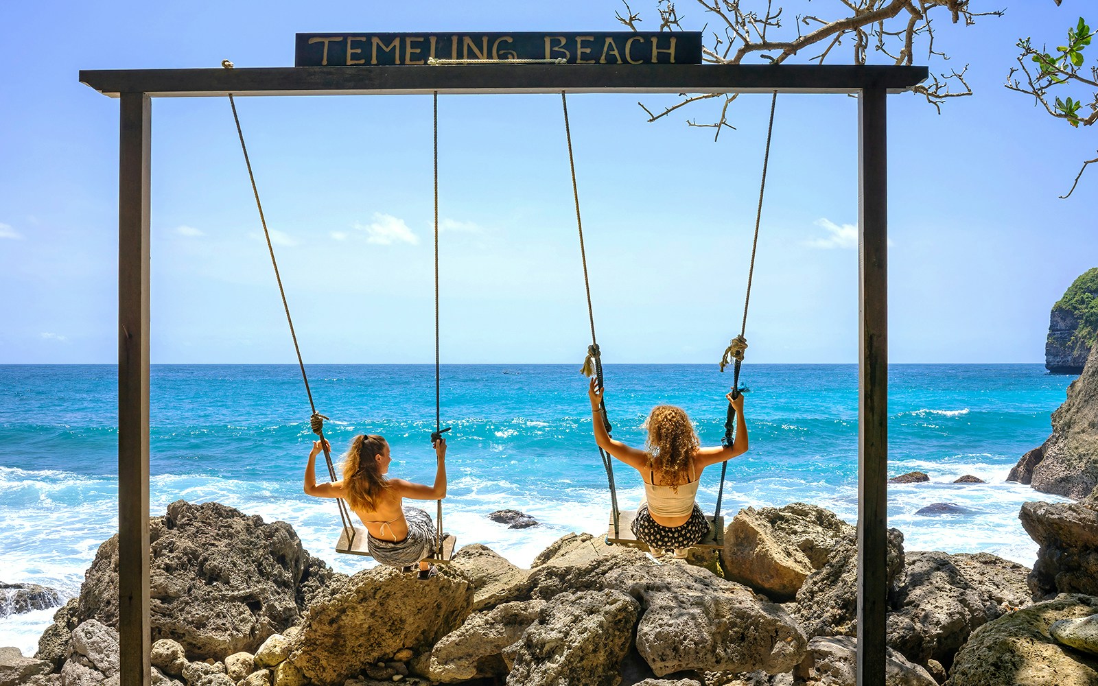 Tembeling Beach and Forest on Nusa Penida with lush greenery and clear blue waters.