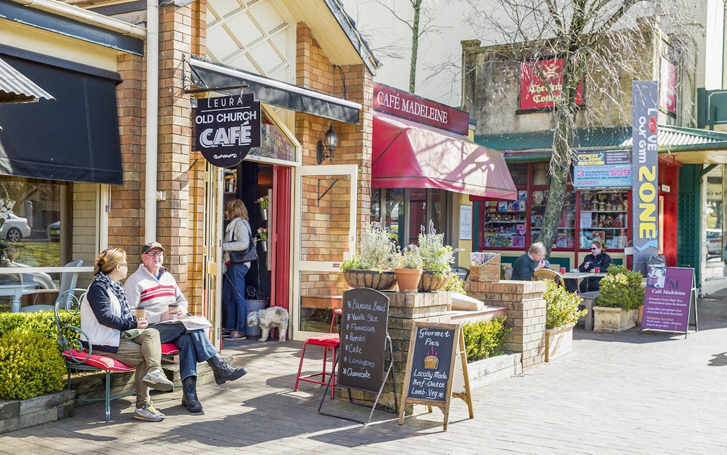 Cafes in Leura Village, Blue Mountains with people enjoying outdoor seating.