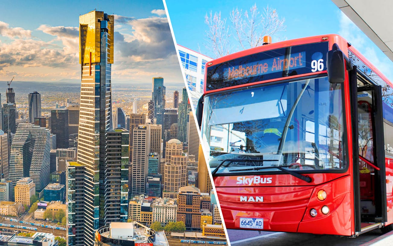 Melbourne Skydeck view and SkyBus Tullamarine Airport City Express bus.