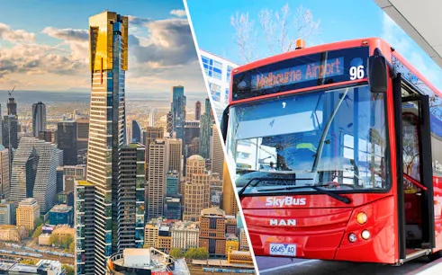 Melbourne Skydeck view and SkyBus Tullamarine Airport City Express bus.