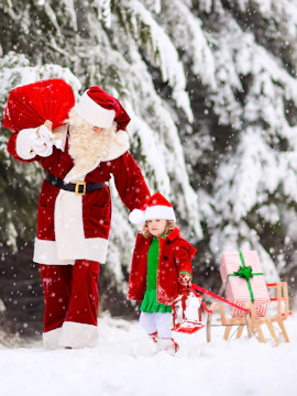 Santa and child with gifts in snowy forest.