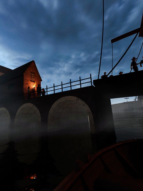 Amsterdam canal bridge at night during historic luxury VR boat tour.