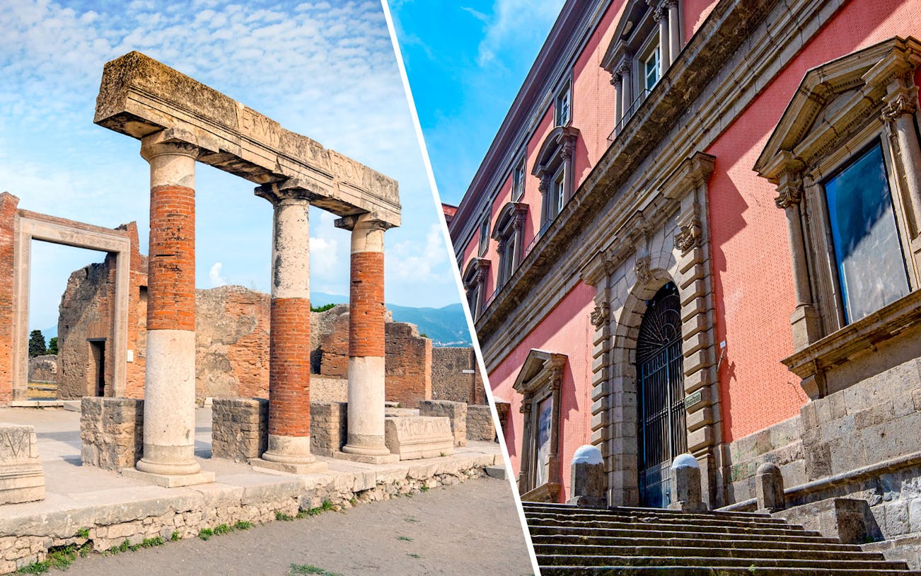 Pompeii ruins and entrance of Naples National Archaeological Museum.