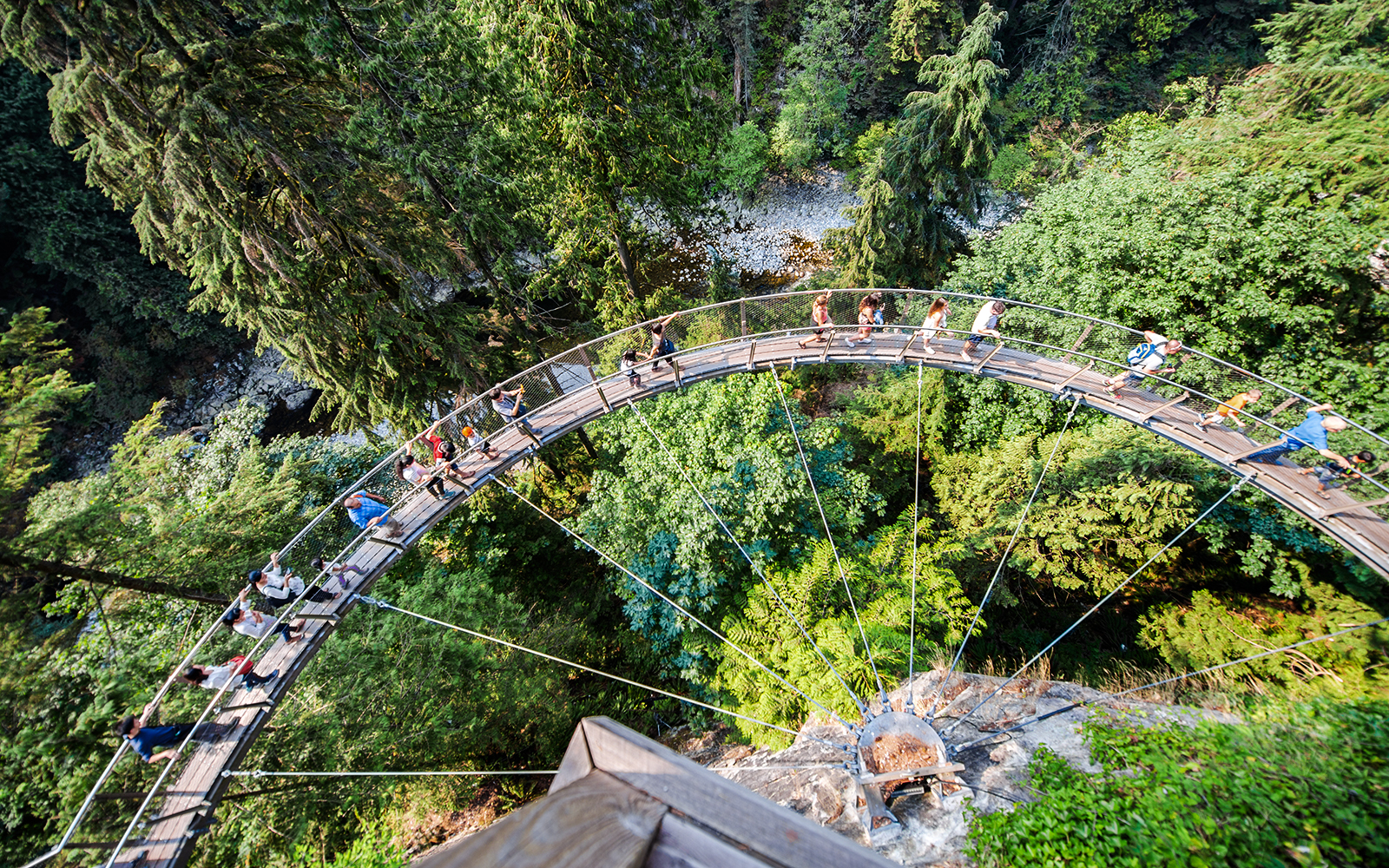Visitors walking on Capilano Suspension Bridge in Vancouver, surrounded by lush forest.
