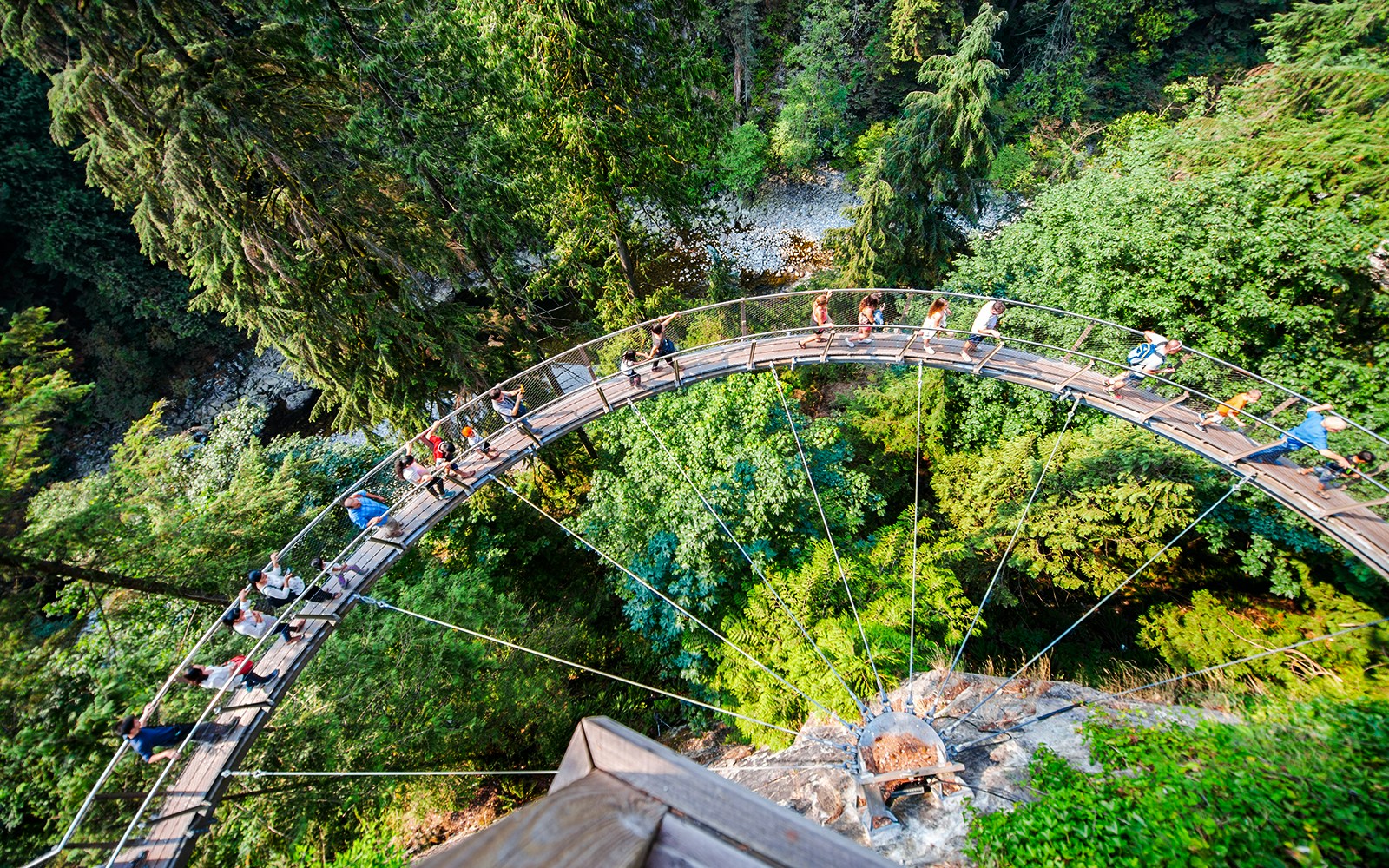 Visitors walking on Capilano Suspension Bridge in Vancouver, surrounded by lush forest.