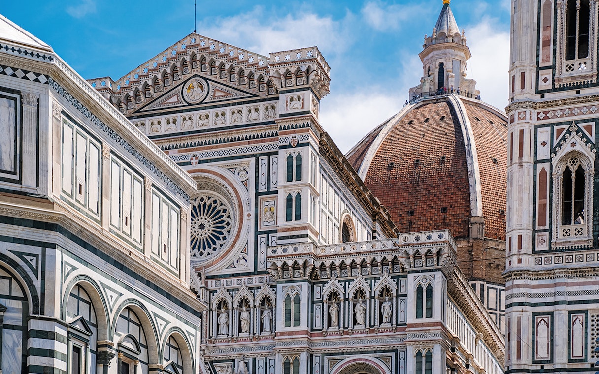 Santa Maria del Fiore cathedral facade and Duomo in Florence, Italy.