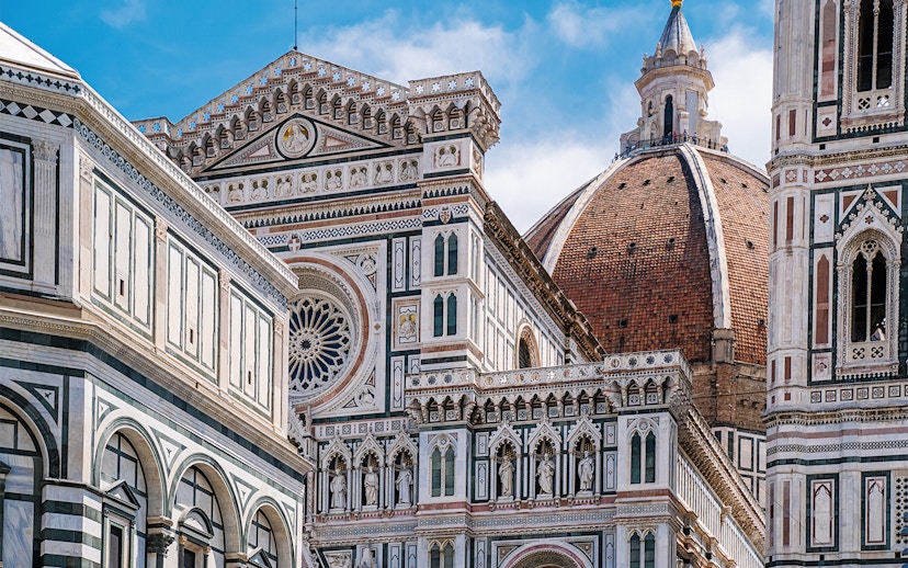 Santa Maria del Fiore cathedral facade and Duomo in Florence, Italy.