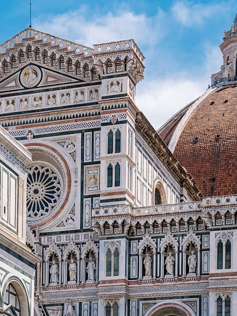 Santa Maria del Fiore cathedral facade and Duomo in Florence, Italy.