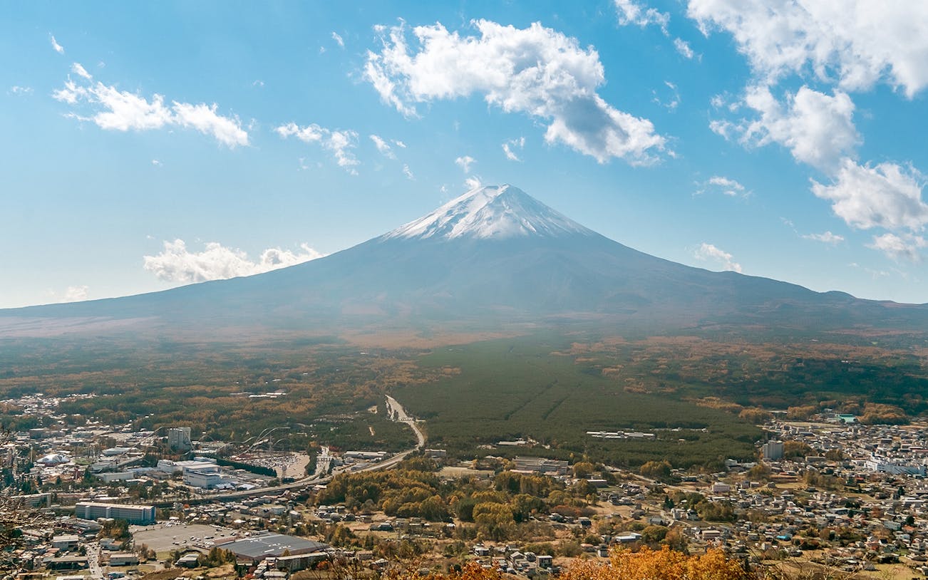 Mt Fuji with surrounding landscape, view from ropeway, Japan.