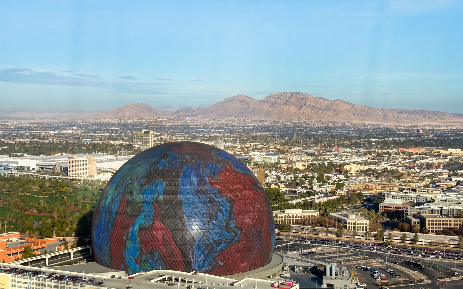 The Sphere and Las Vegas skyline from High Roller viewpoint.