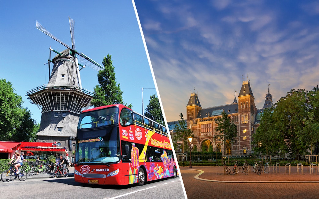 Red tour bus near a windmill and the exterior of the Rijksmuseum in Amsterdam.