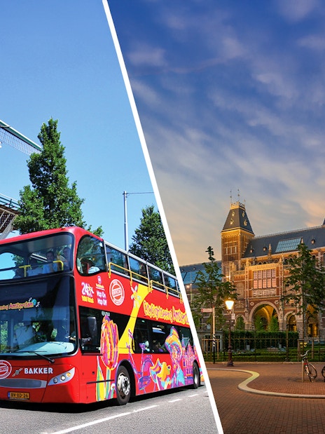 Red tour bus near a windmill and the exterior of the Rijksmuseum in Amsterdam.