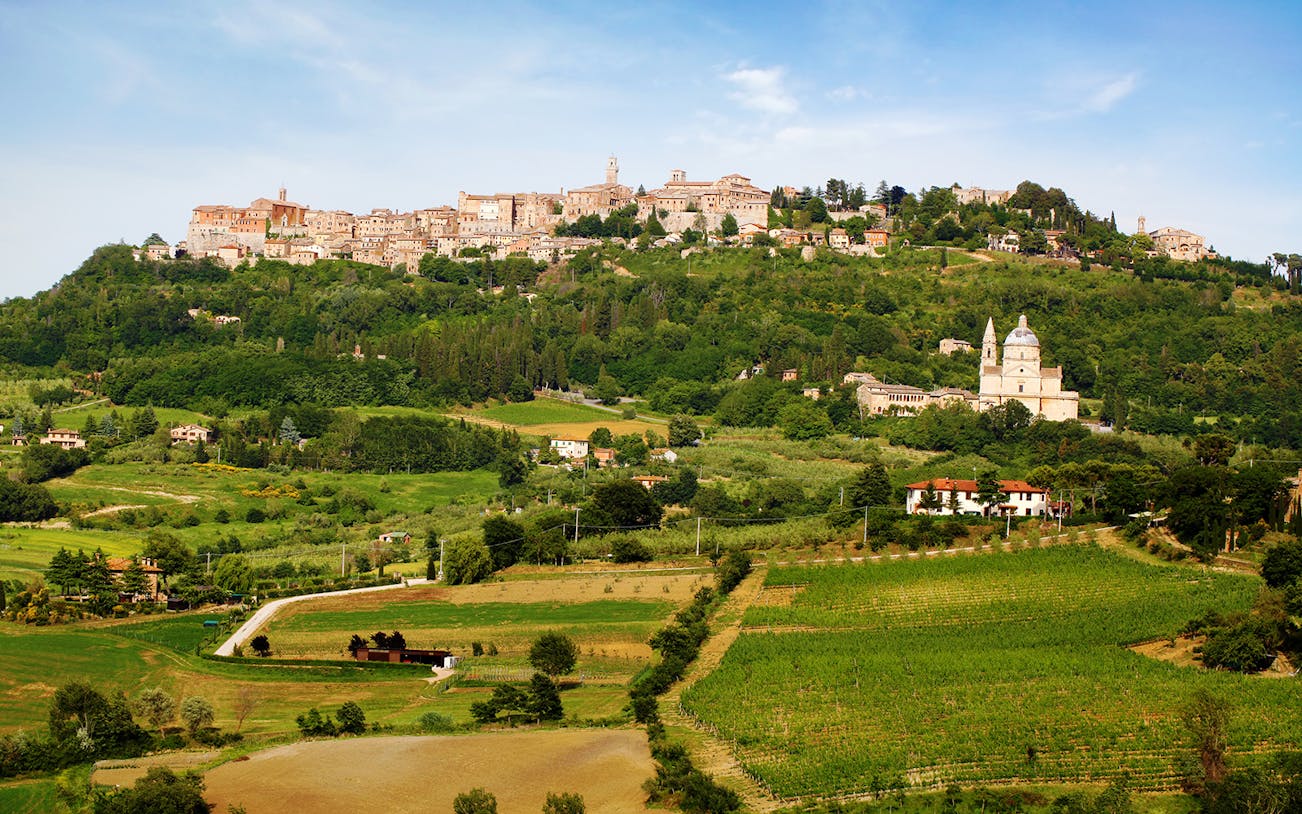 Hilltop view of Montepulciano with vineyards in Tuscany, Italy.