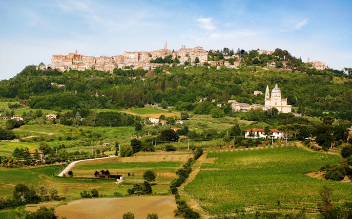 Hilltop view of Montepulciano with vineyards in Tuscany, Italy.