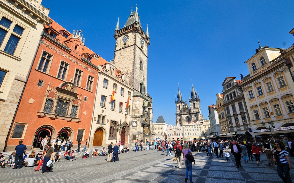 Old Town Square with Prague Astronomical Clock and Tyn Church in Prague.