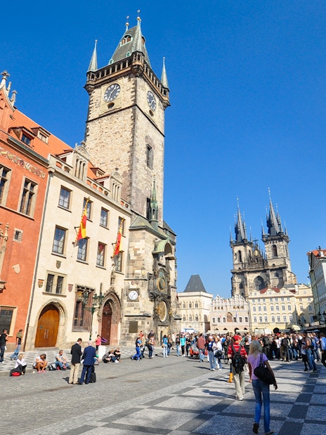 Old Town Square with Prague Astronomical Clock and Tyn Church in Prague.