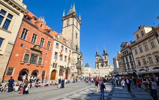 Old Town Square with Prague Astronomical Clock and Tyn Church in Prague.