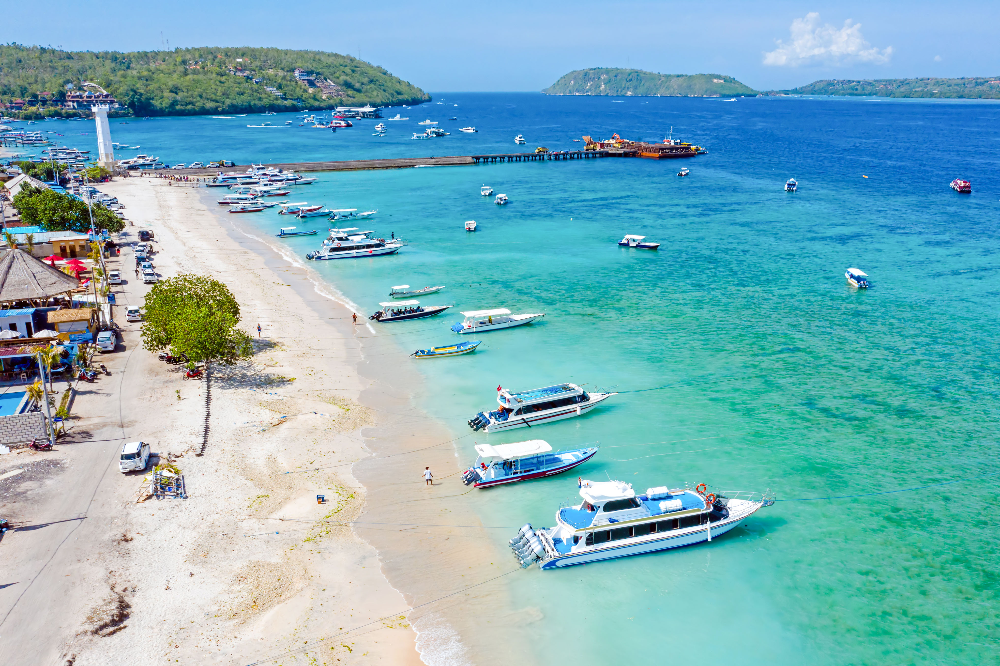 Aerial view of boats at Toya Pakeh Harbour, Nusa Penida, Bali, Indonesia.