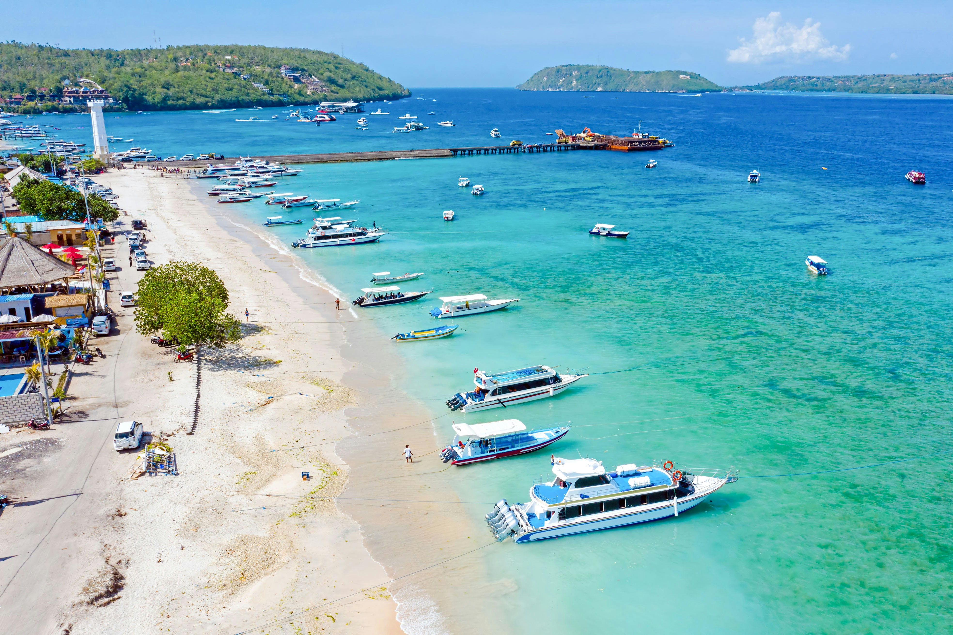 Aerial view of boats at Toya Pakeh Harbour, Nusa Penida, Bali, Indonesia.