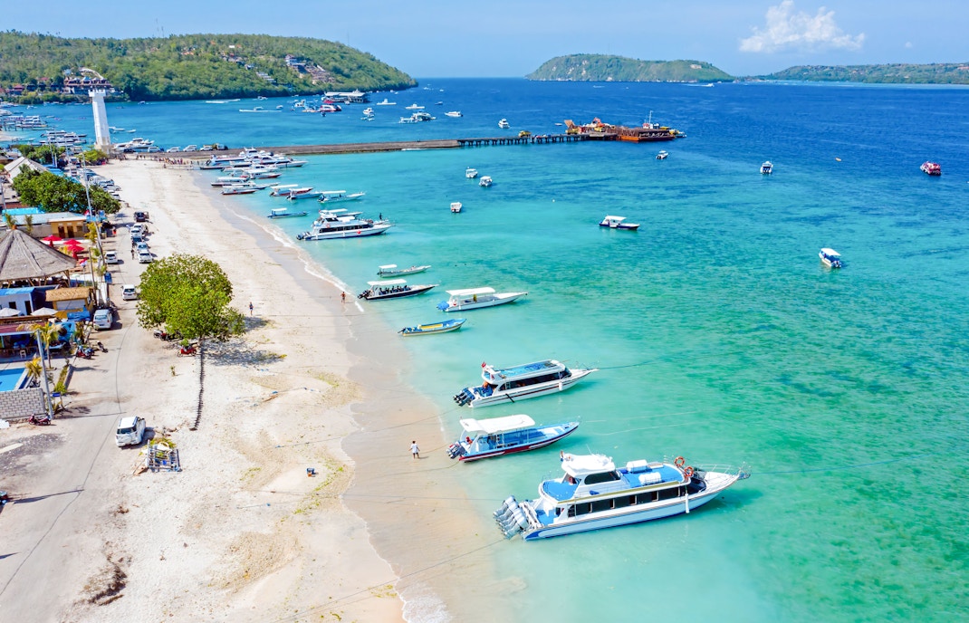 Aerial view of boats at Toya Pakeh Harbour, Nusa Penida, Bali, Indonesia.