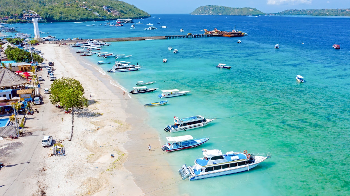 Aerial view of boats at Toya Pakeh Harbour, Nusa Penida, Bali, Indonesia.