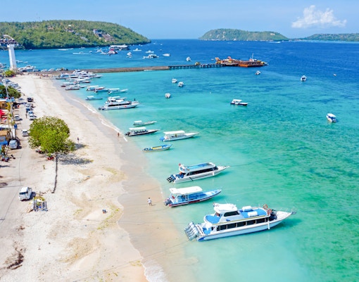 Aerial view of boats at Toya Pakeh Harbour, Nusa Penida, Bali, Indonesia.