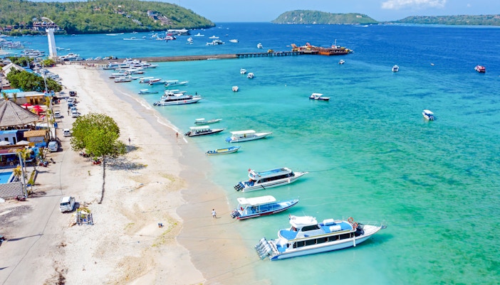 Aerial view of boats at Toya Pakeh Harbour, Nusa Penida, Bali, Indonesia.