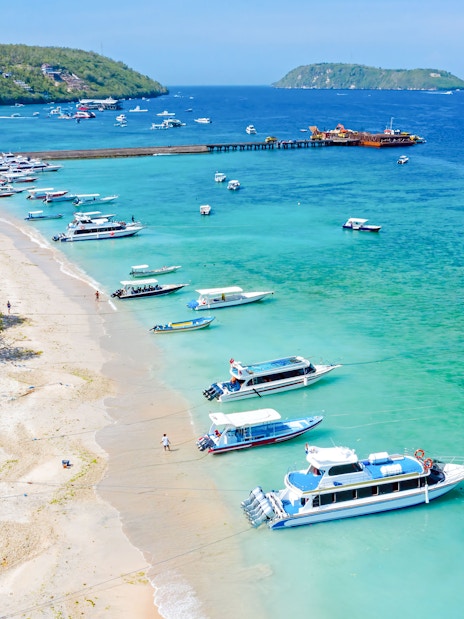 Aerial view of boats at Toya Pakeh Harbour, Nusa Penida, Bali, Indonesia.