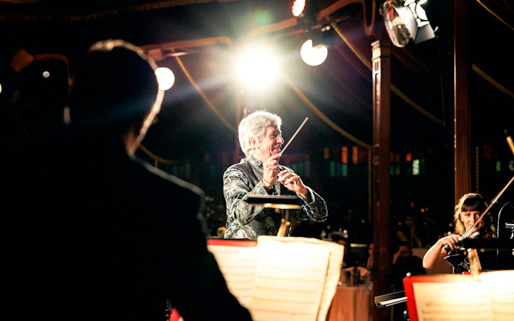 Conductor leading orchestra at Strauss concert in Prater Vienna.