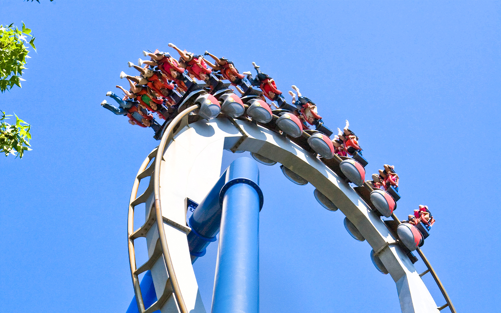Afterburn rollercoaster loop at Six Flags Carowinds with riders upside down.