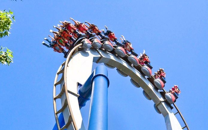 Afterburn rollercoaster loop at Six Flags Carowinds with riders upside down.
