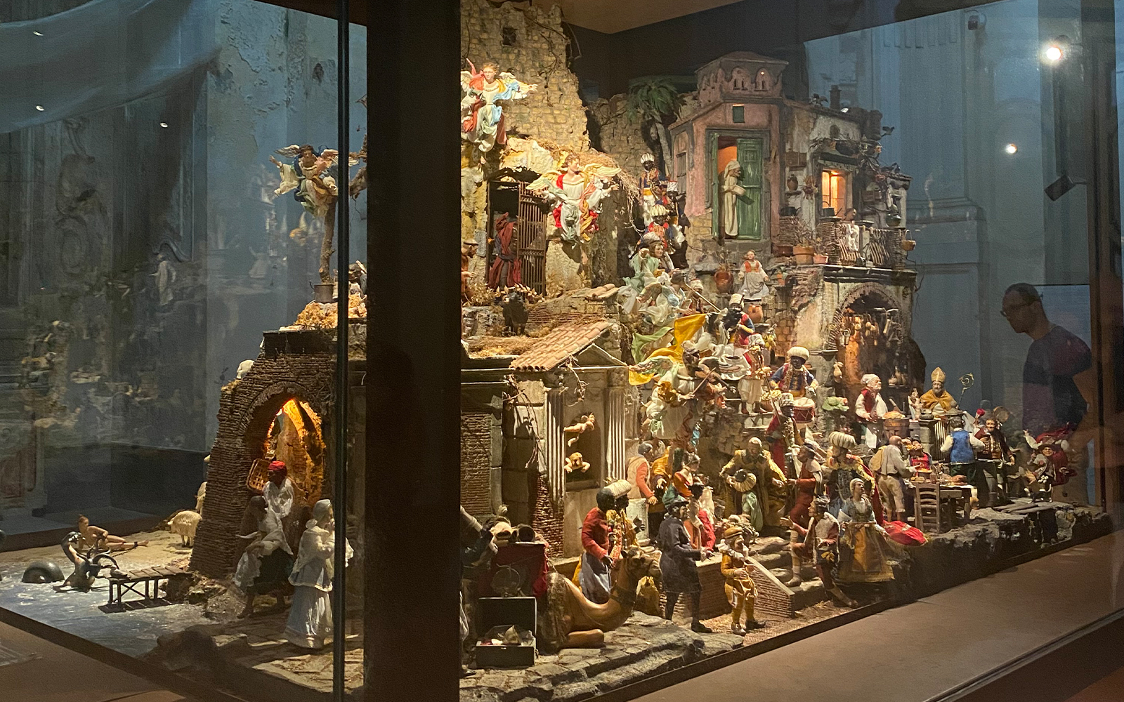 Nativity scene display in the Catacombs of San Gaudioso, Naples, featuring detailed figurines.