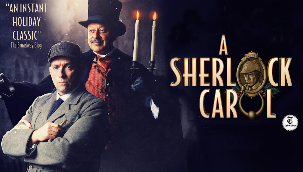 Detective in Victorian attire with magnifying glass, another in top hat holding candles, "A Sherlock Carol" text.