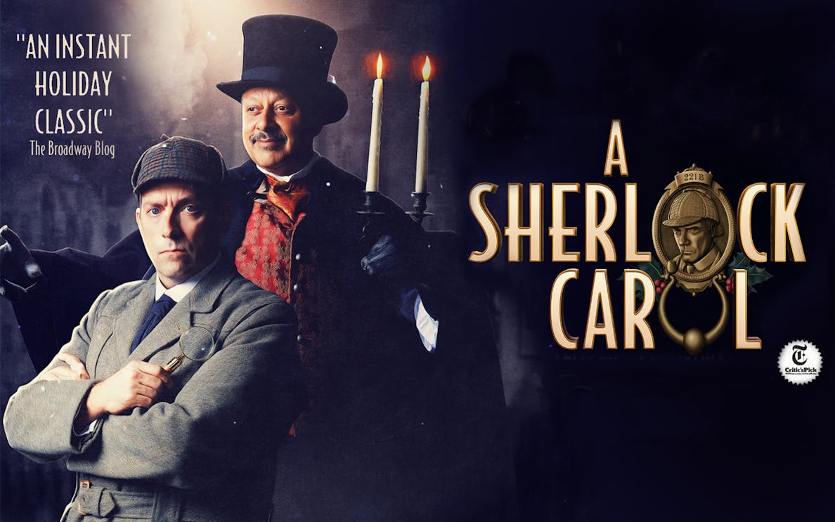 Detective in Victorian attire with magnifying glass, another in top hat holding candles, "A Sherlock Carol" text.