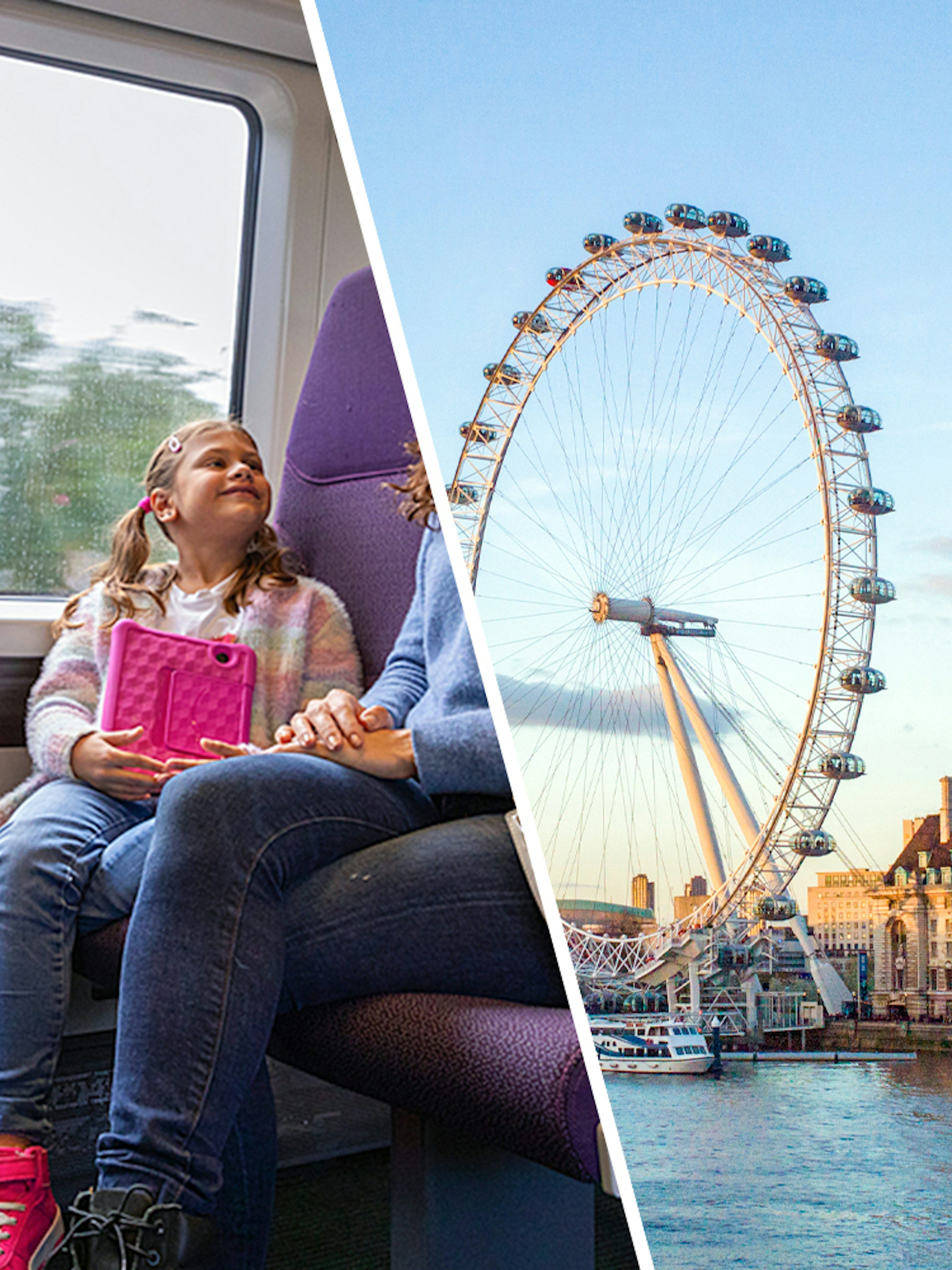 Heathrow Express train interior with passengers; London Eye by the Thames at sunset.