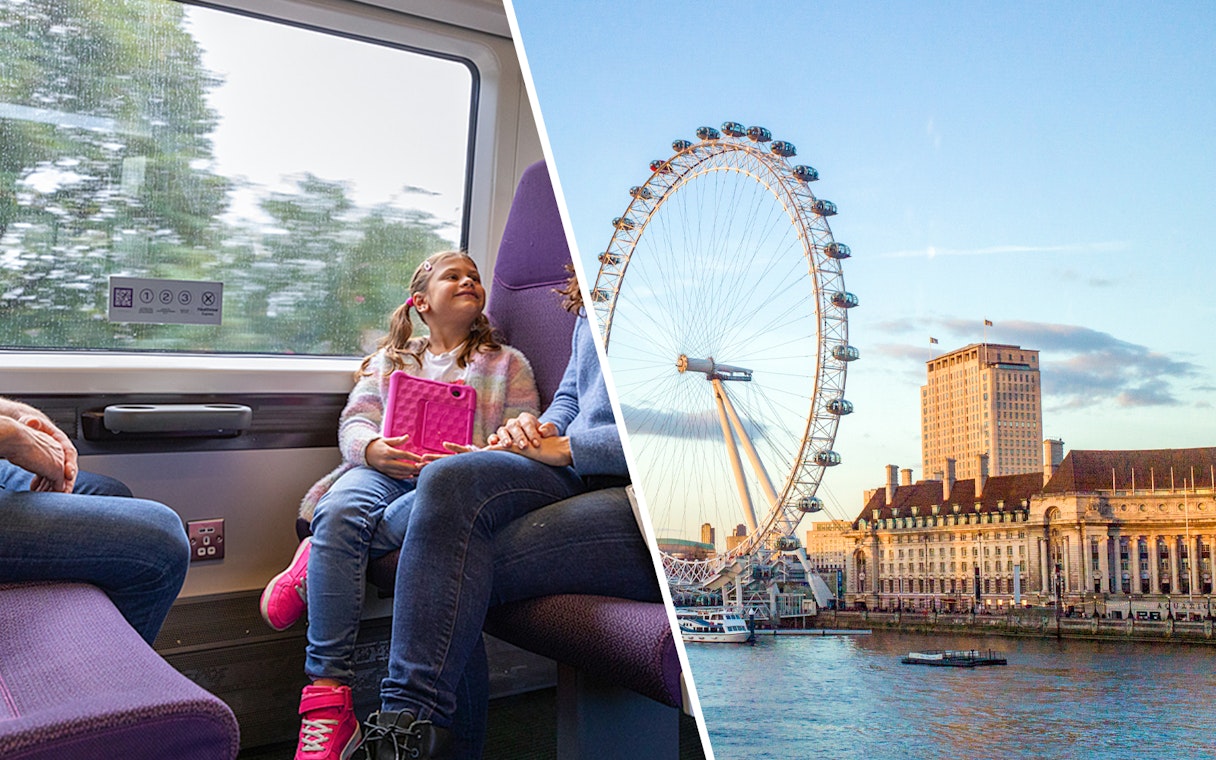 Heathrow Express train interior with passengers; London Eye by the Thames at sunset.