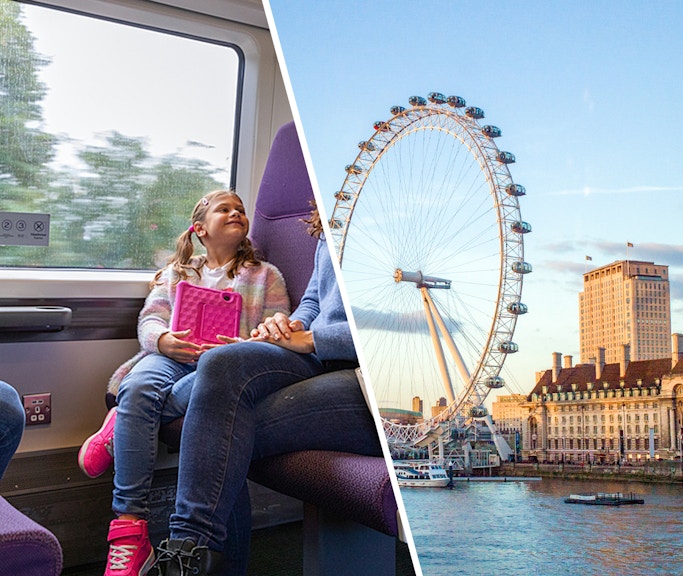 Heathrow Express train interior with passengers; London Eye by the Thames at sunset.