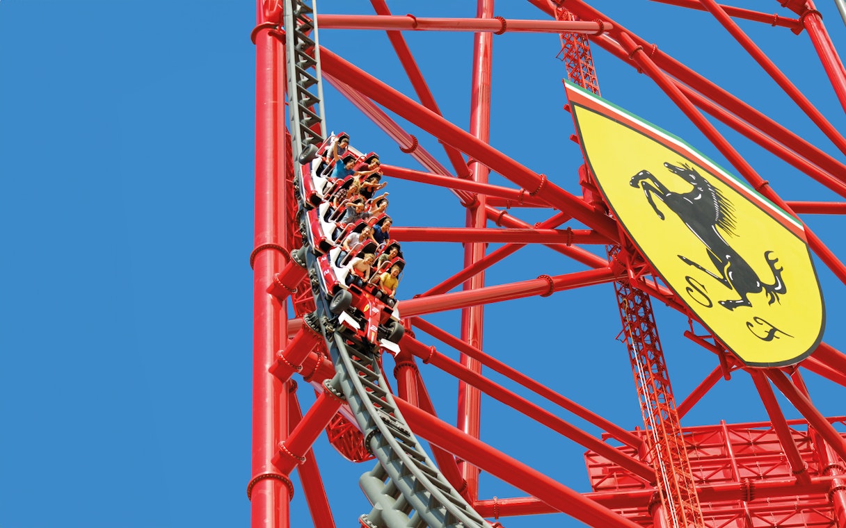 Roller coaster descent on Red Force ride at Ferrari Land, Spain.
