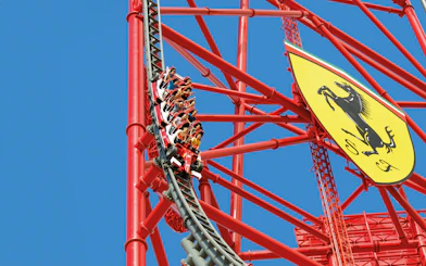 Roller coaster descent on Red Force ride at Ferrari Land, Spain.