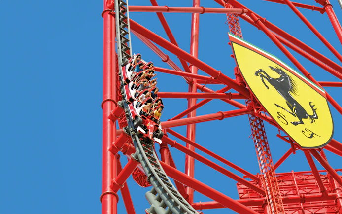 Roller coaster descent on Red Force ride at Ferrari Land, Spain.