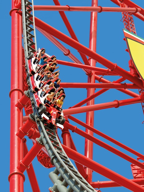 Roller coaster descent on Red Force ride at Ferrari Land, Spain.