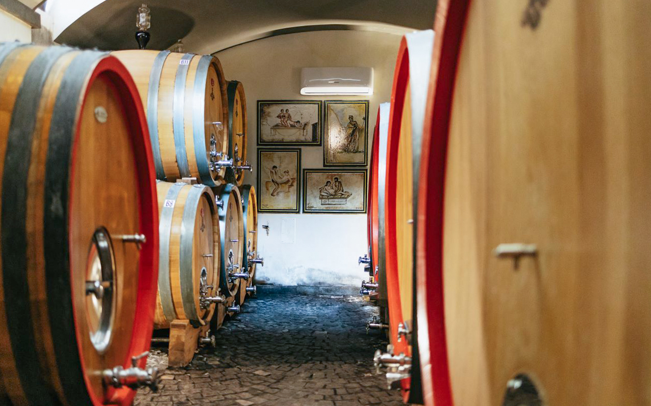 Wine barrels in a cellar during a wine tasting tour in Naples.