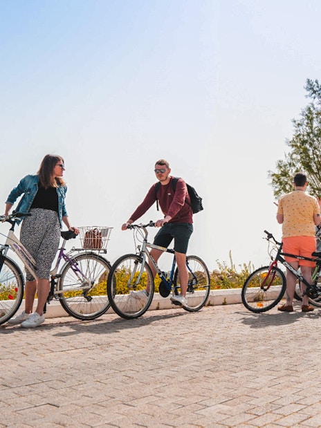 Cyclists listening to a guide on Agistri island tour.