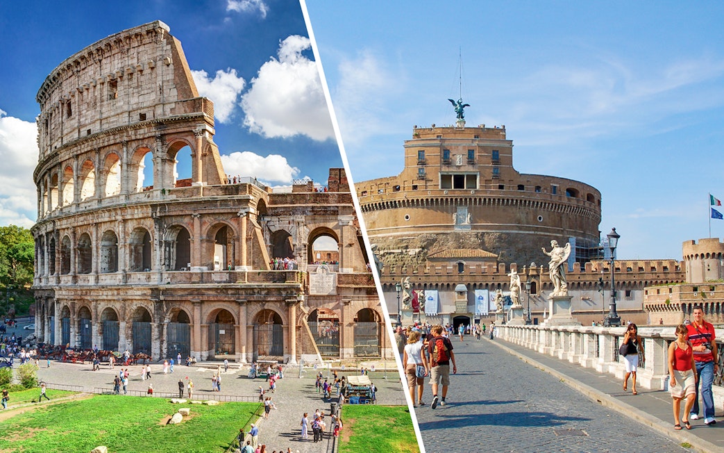 Colosseum and Castel Sant'Angelo in Rome with tourists exploring.