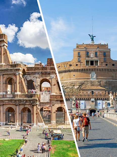 Colosseum and Castel Sant'Angelo in Rome with tourists exploring.