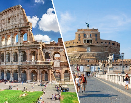 Colosseum and Castel Sant'Angelo in Rome with tourists exploring.