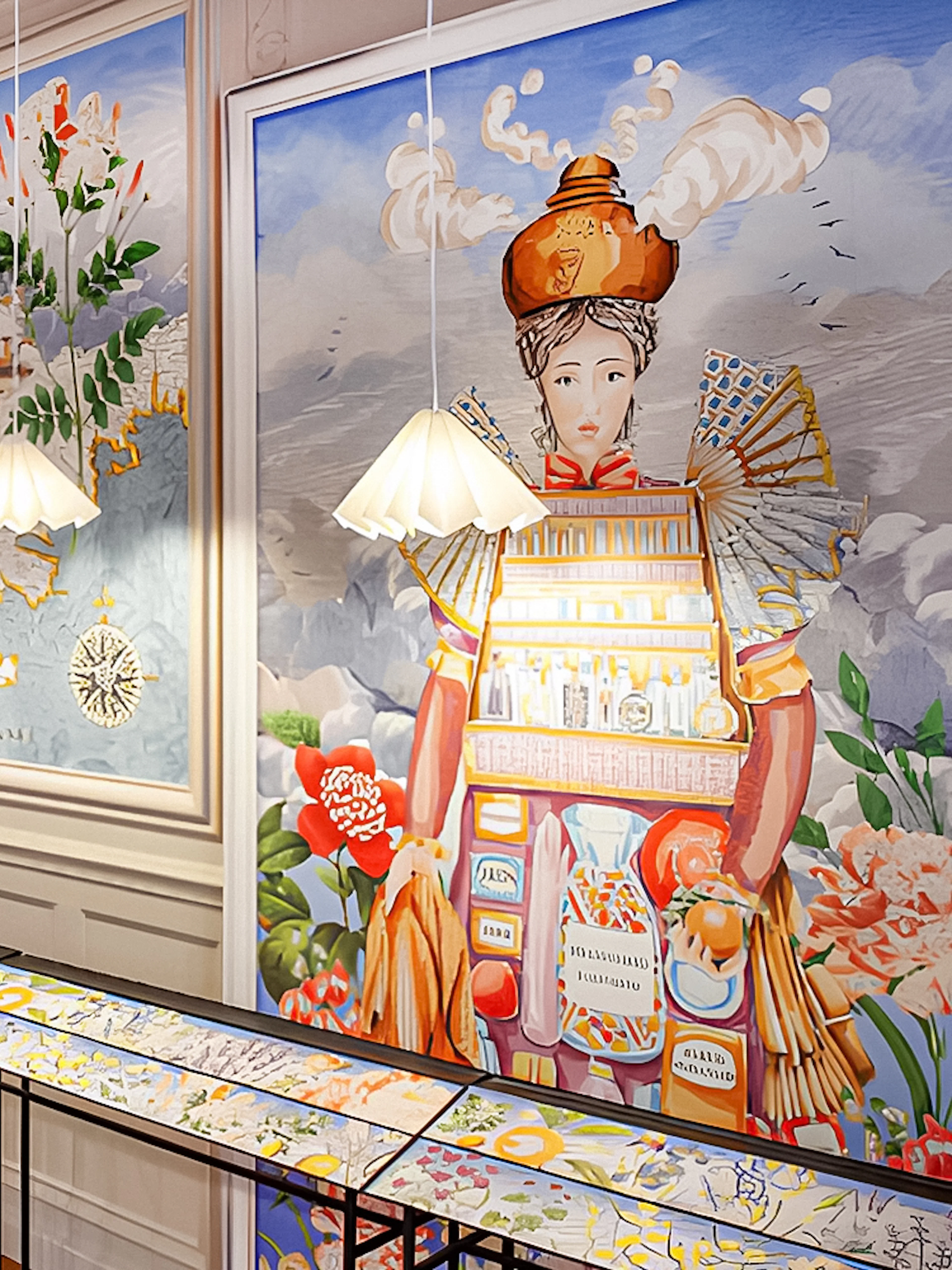 Fragonard Perfume Museum interior with colorful murals and display tables for perfume workshop.