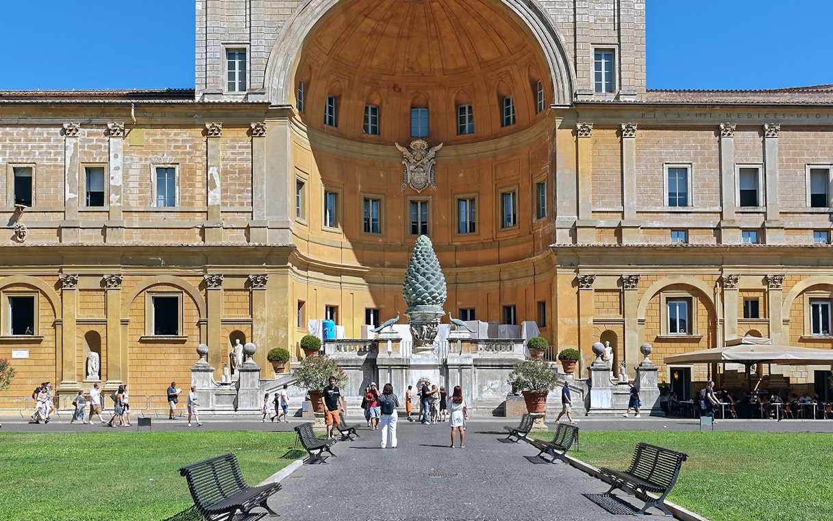 Courtyard of the Vatican Museums in Rome with the Pinecone Sculpture.